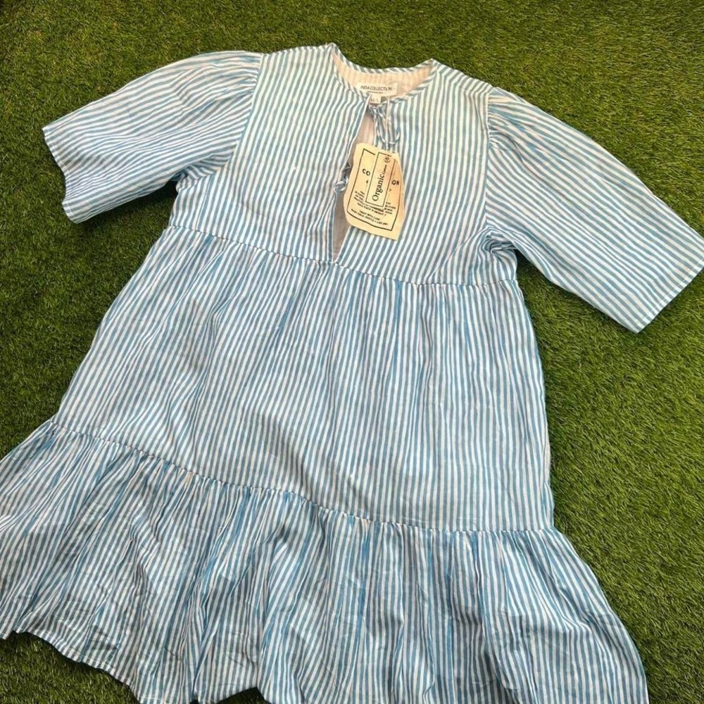NWT Emerson Fry India Collection Blue White Striped Cotton Mini Dress M/L